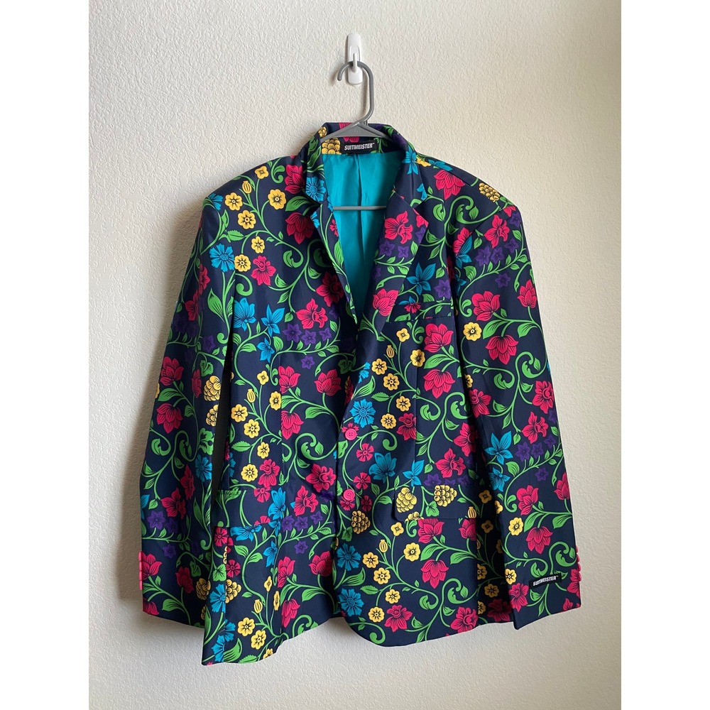 Suitmeister Women Floral Print Retro Blazer Size L Navy Blue Maximalist Party